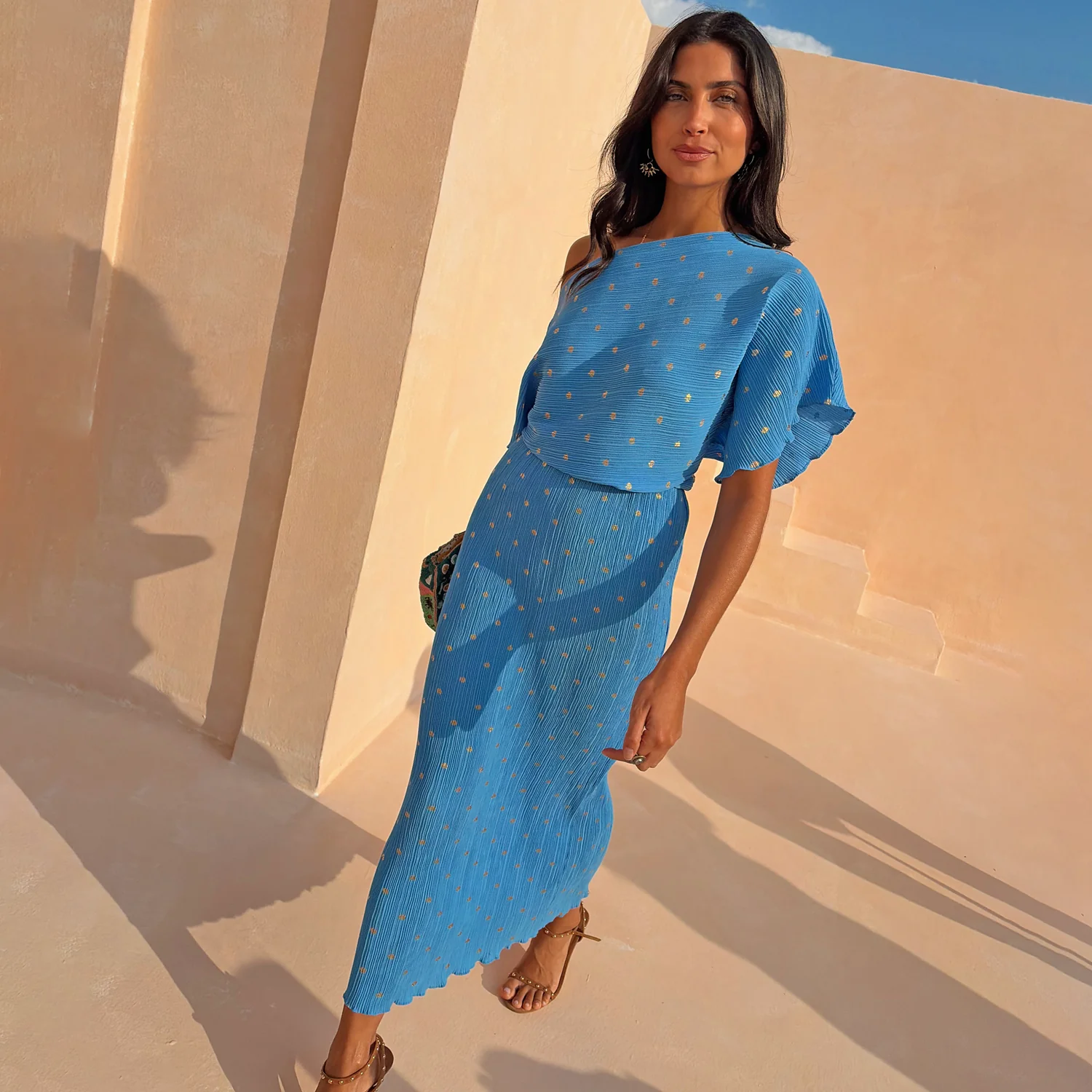 1680-blue-plisse-tilly-dress-with-gold-fleck-1.webp Blue Plisse Tilly Dress with Gold Fleck