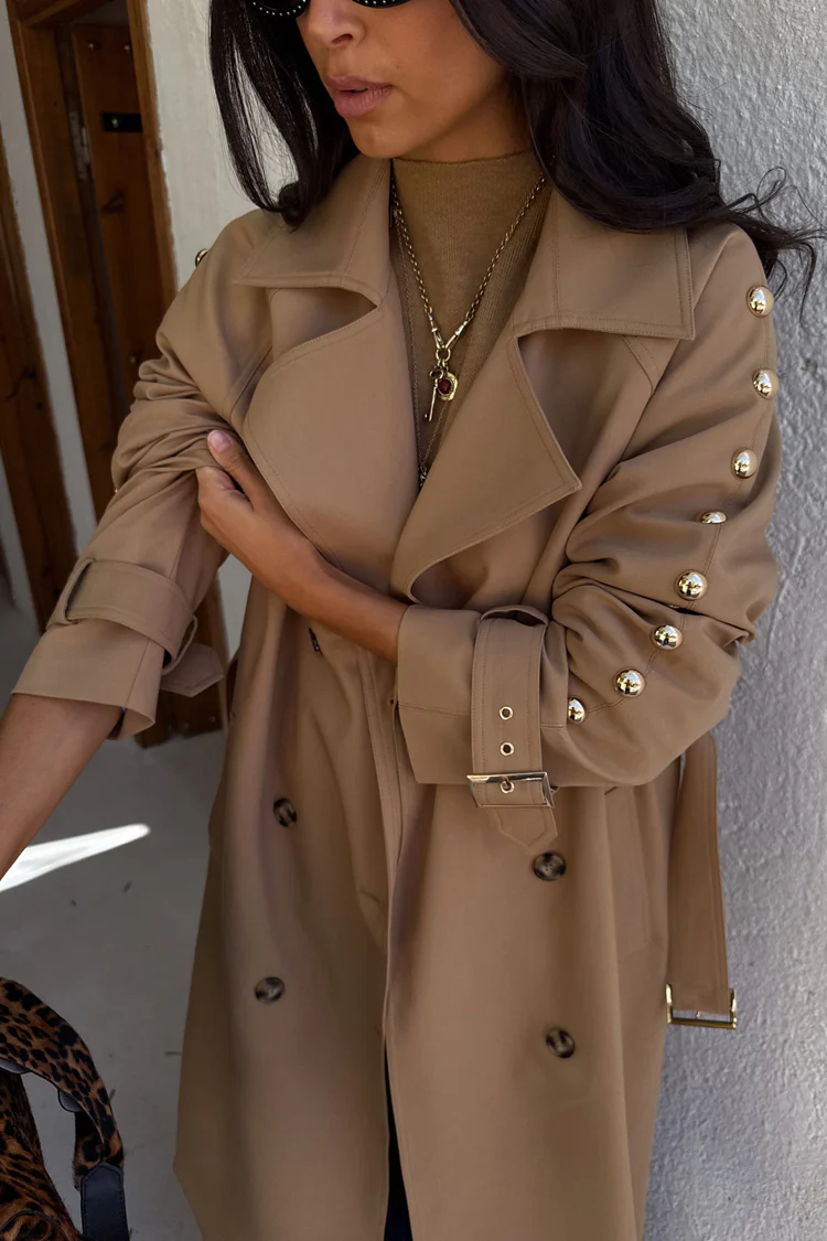 3251-tan-trench-coat-with-gold-studs-3.webp Tan Trench Coat with Gold Studs