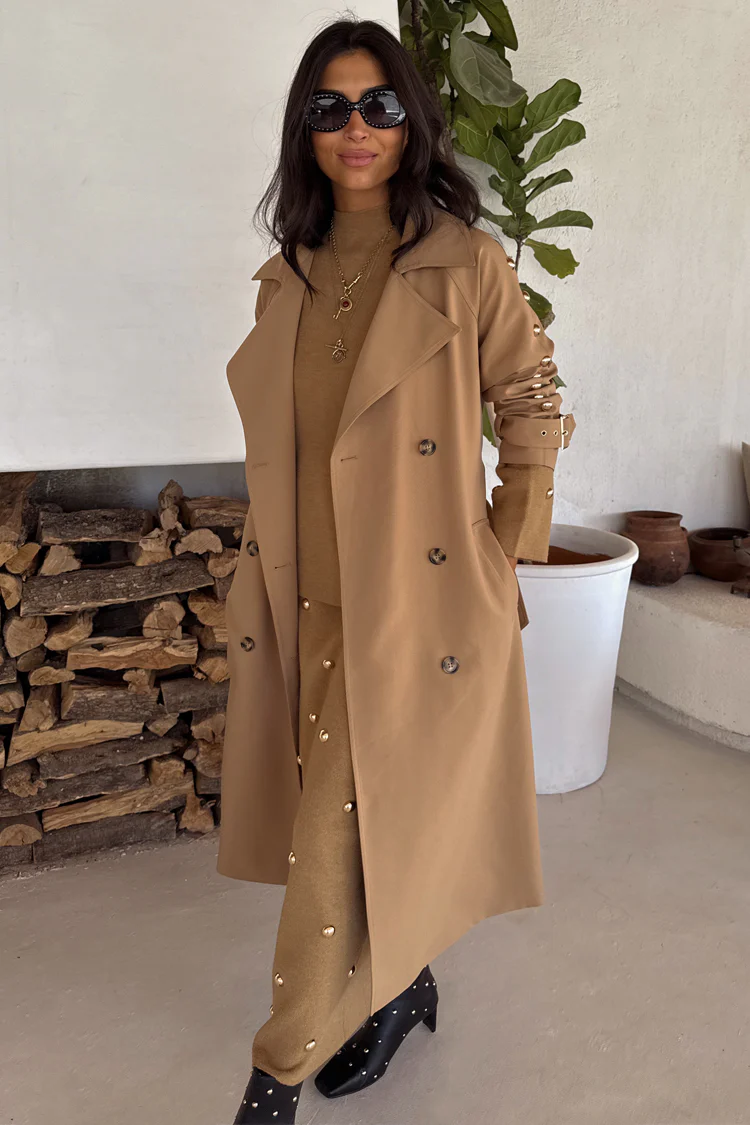 3251-tan-trench-coat-with-gold-studs-4.webp Tan Trench Coat with Gold Studs