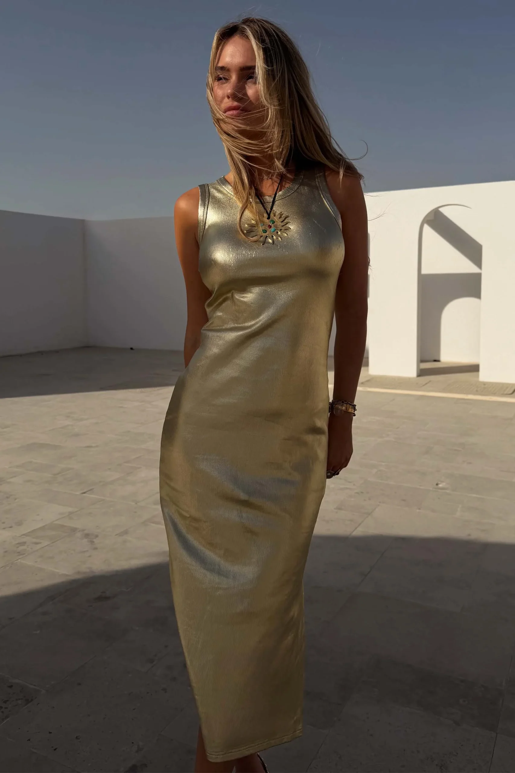 Gold Metallic Ribbed Dress