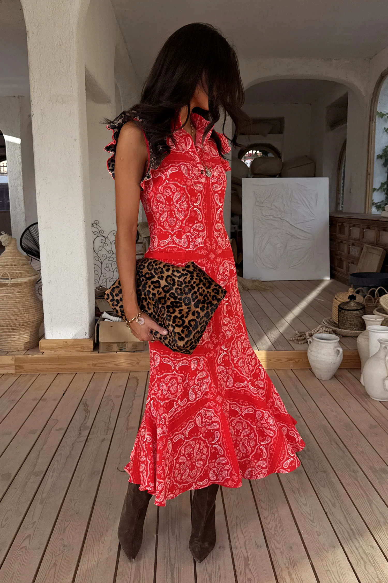 Red Bandana Remi Dress with Leopard Sleeve