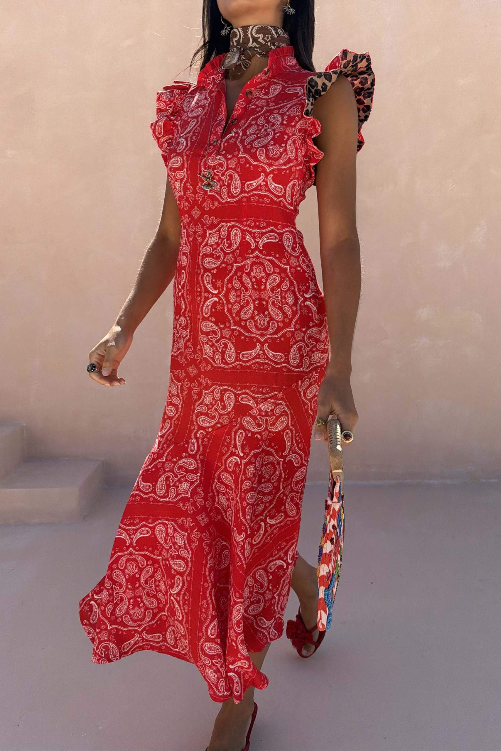 Red Bandana Remi Dress with Leopard Sleeve