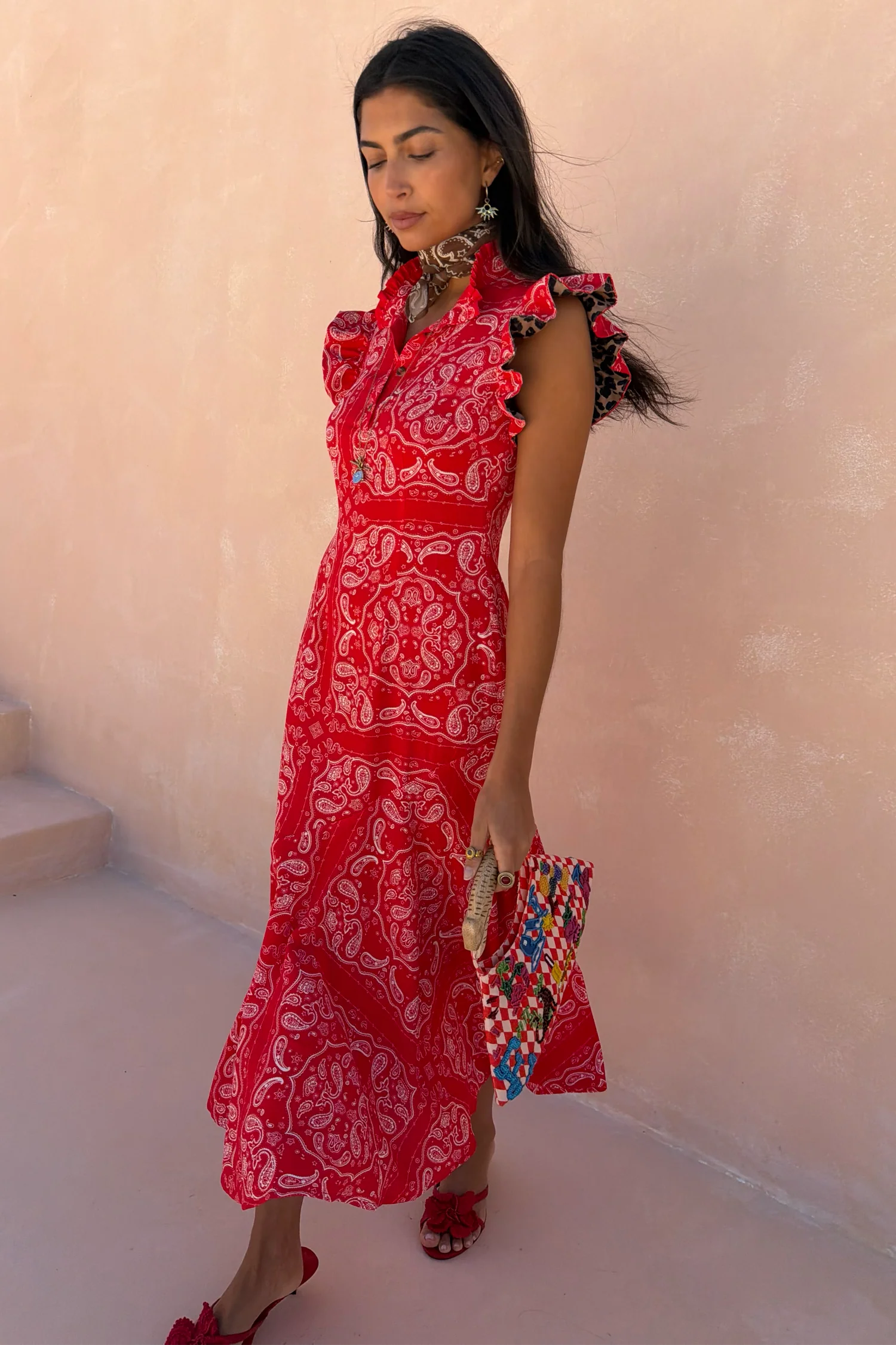 Red Bandana Remi Dress with Leopard Sleeve