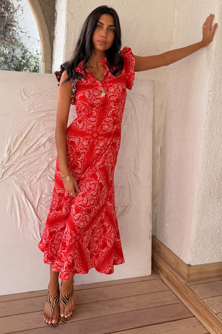 Red Bandana Remi Dress with Leopard Sleeve