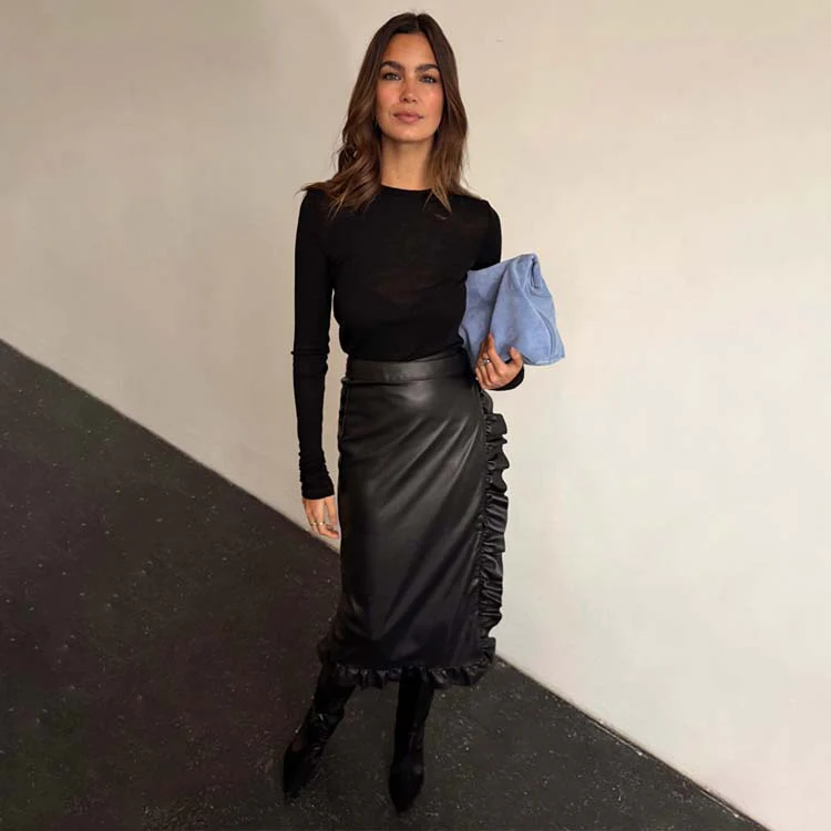 5707-black-vegan-leather-ruffle-jaspre-skirt-1.webp Black Vegan Leather Ruffle Jaspre Skirt