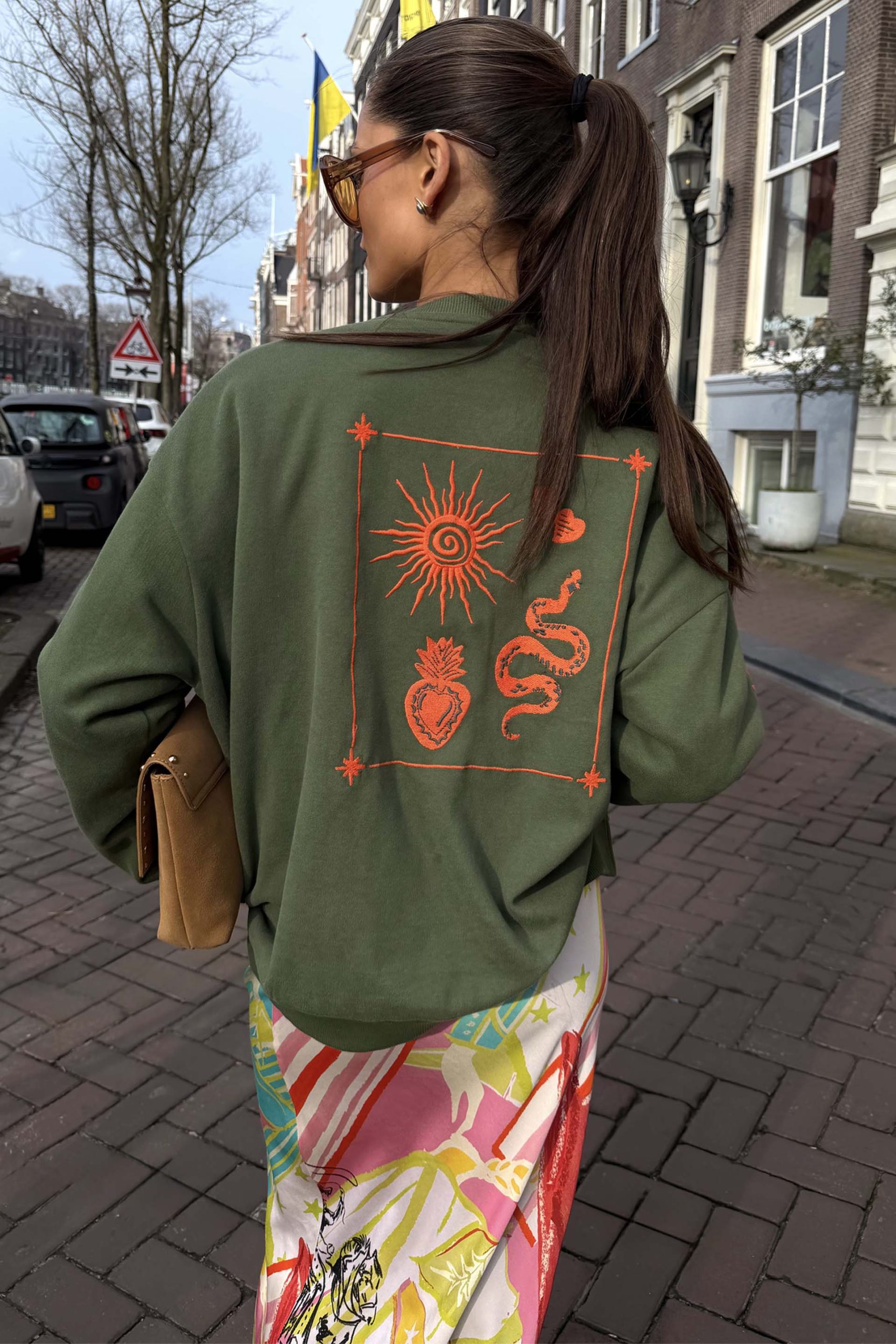 Khaki Sweatshirt with Orange Embroidery