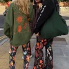 Khaki Sweatshirt with Orange Embroidery