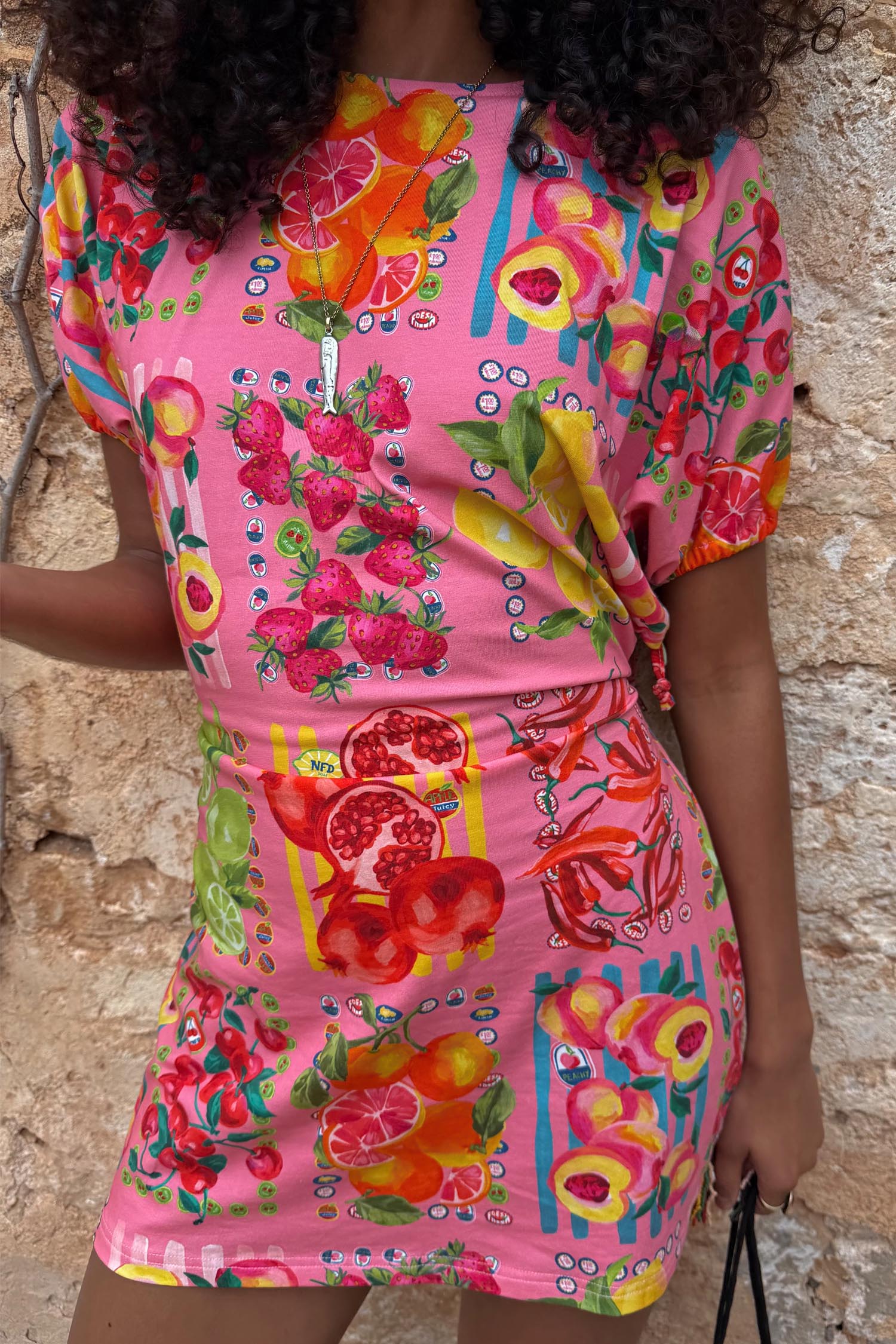 688-pink-fruit-stamps-mini-dress-6.jpg Pink Fruit Stamps Mini Dress