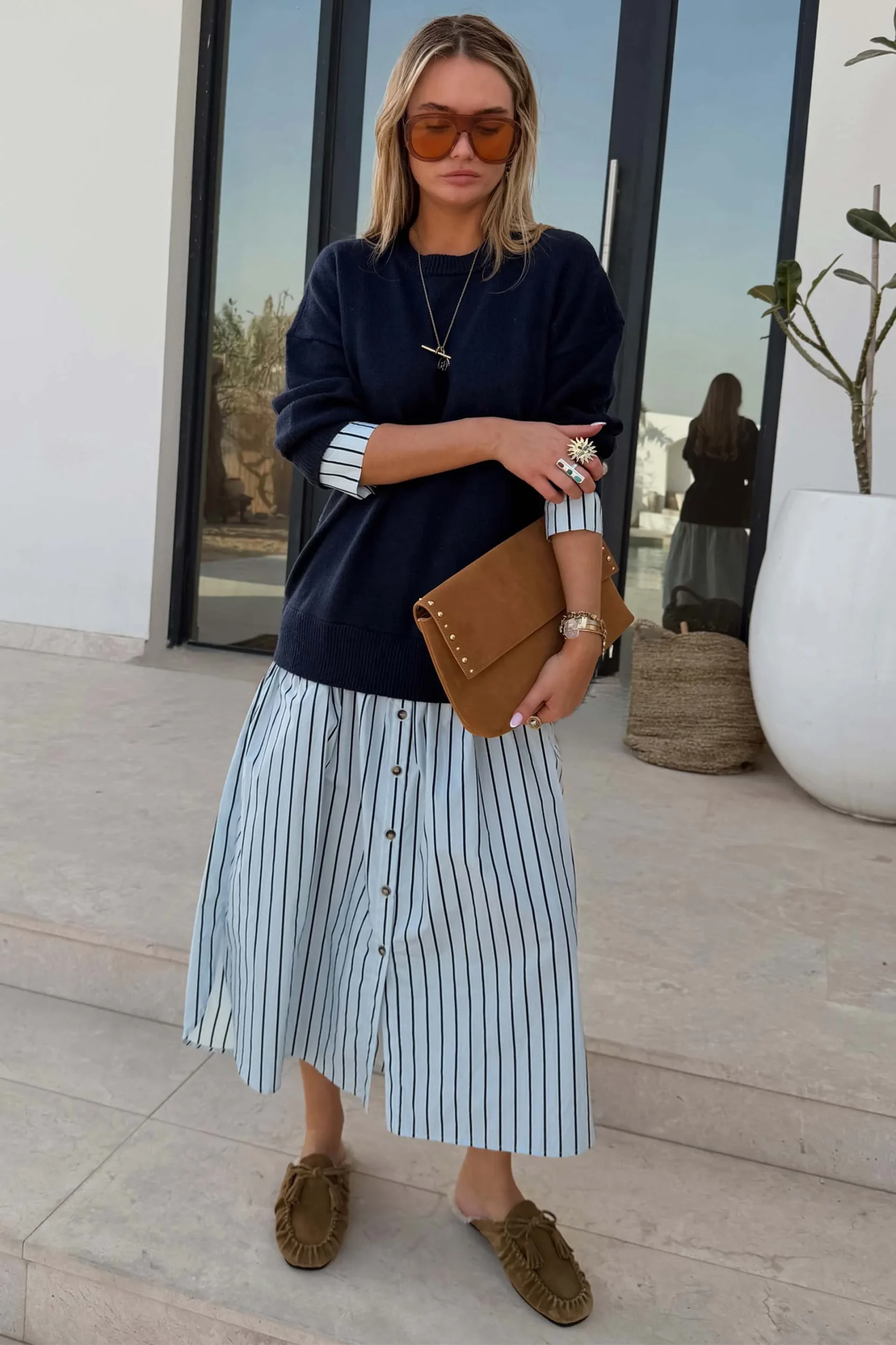 7211-navy-knit-jumper-dress-with-stripe-cotton-skirt-2.webp Navy Knit Jumper Dress with Stripe Cotton Skirt