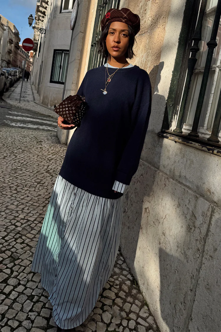 7211-navy-knit-jumper-dress-with-stripe-cotton-skirt-4.webp Navy Knit Jumper Dress with Stripe Cotton Skirt