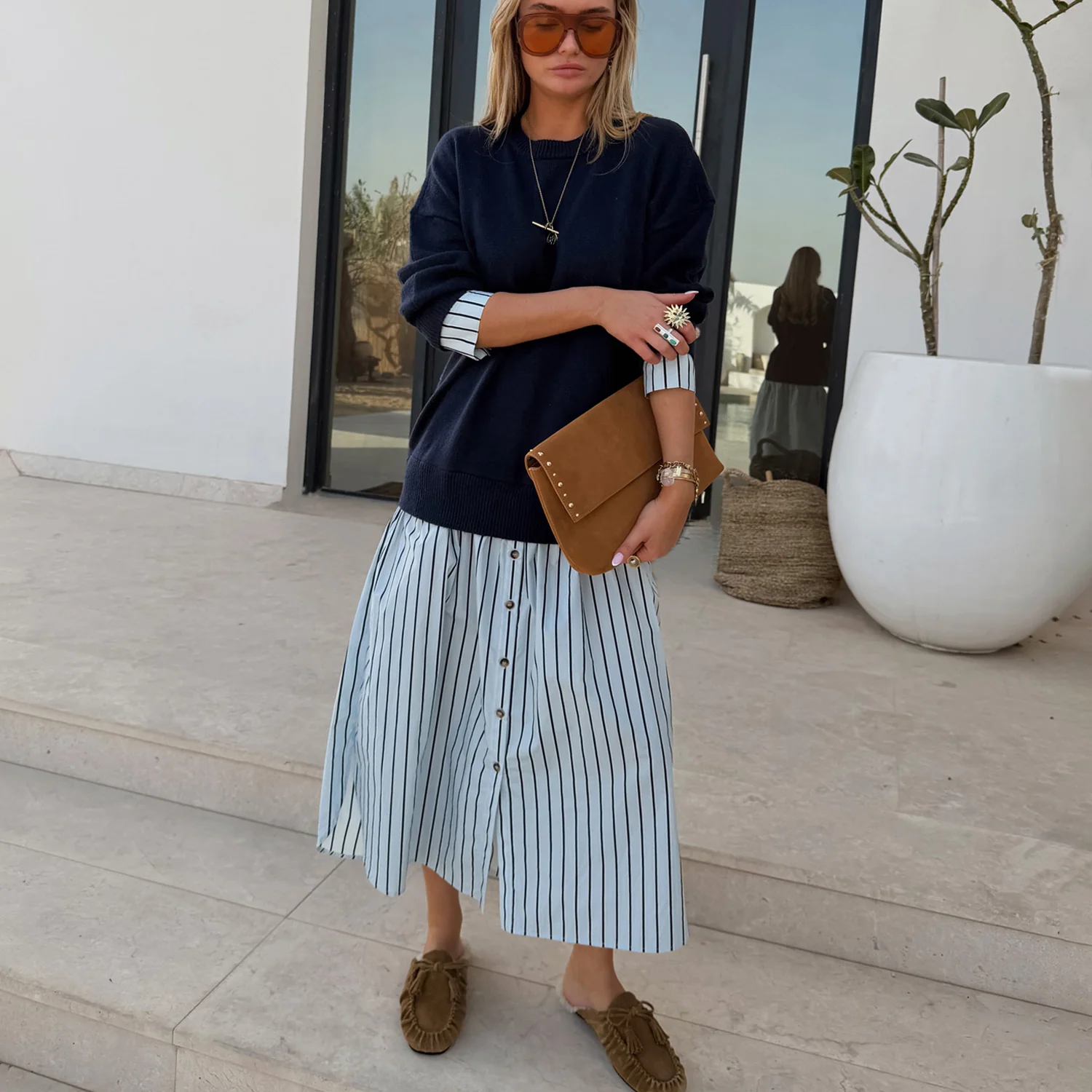 7211-navy-knit-jumper-dress-with-stripe-cotton-skirt-6.webp Navy Knit Jumper Dress with Stripe Cotton Skirt