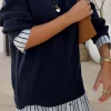 7211-navy-knit-jumper-dress-with-stripe-cotton-skirt-9.webp Navy Knit Jumper Dress with Stripe Cotton Skirt