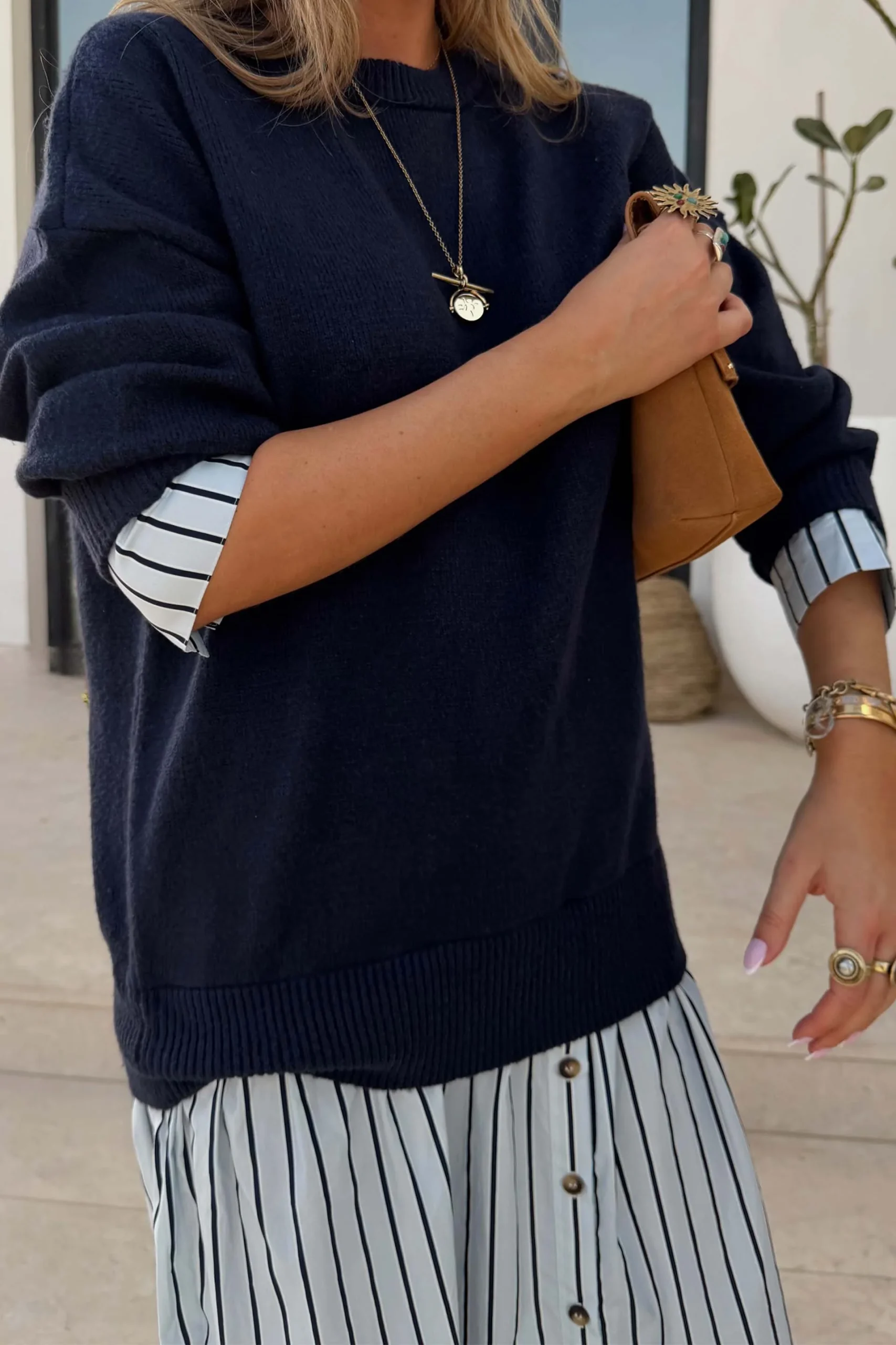 7211-navy-knit-jumper-dress-with-stripe-cotton-skirt-9.webp Navy Knit Jumper Dress with Stripe Cotton Skirt