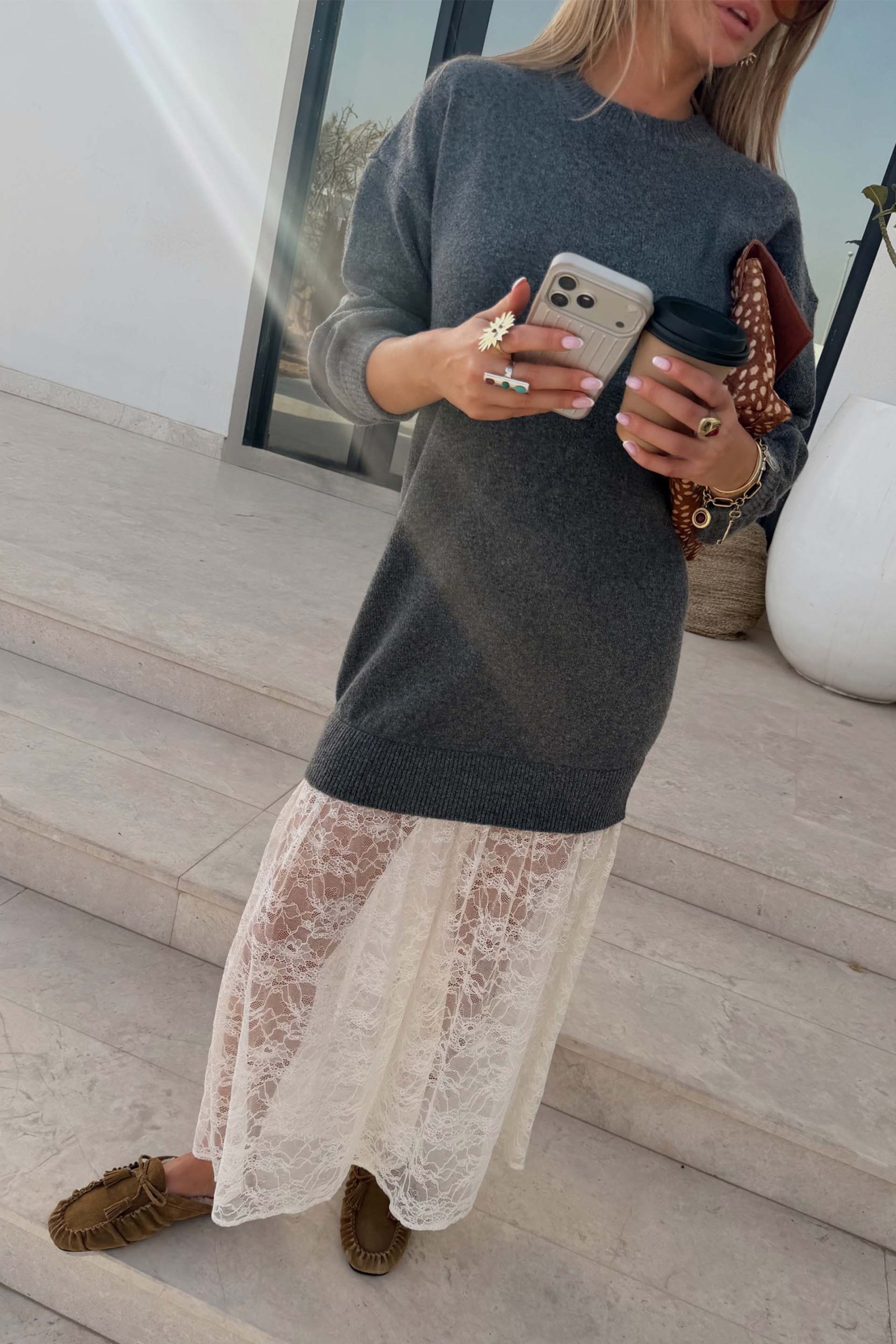 7546-grey-knit-jumper-dress-with-sheer-lace-skirt-3.jpg Grey Knit Jumper Dress with Sheer Lace Skirt